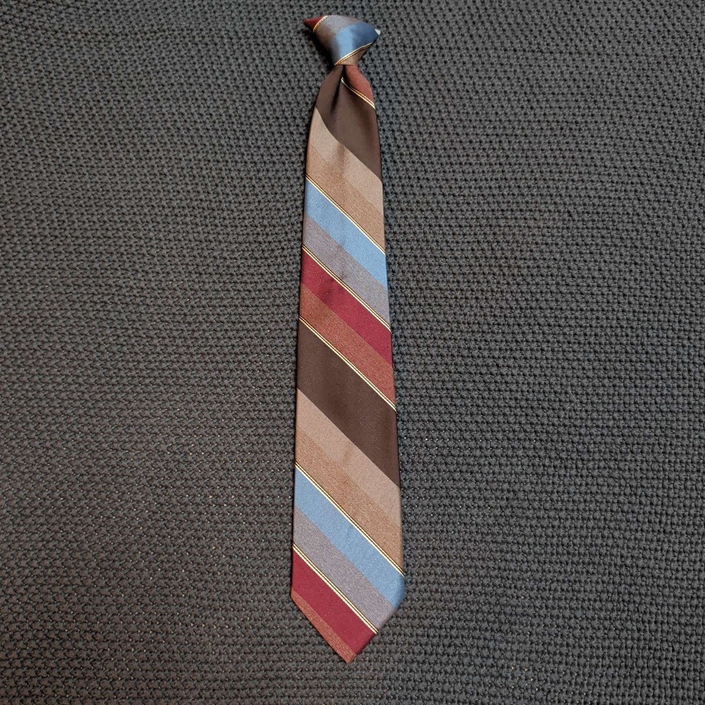 American Edition Clip-On Tie Mens OS Brown Tan Burgundy Blue Striped Made in USA